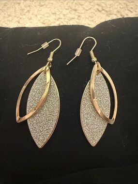 Gold Tone and Silver Glitter Leaf Drop Earrings Fashion